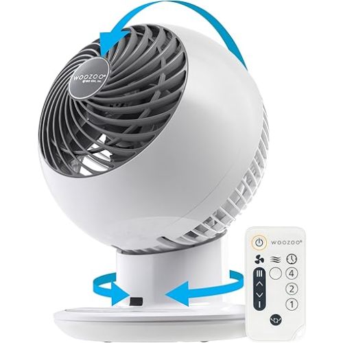 IRIS USA WOOZOO Desk Fan with Remote, Oscillating Table Air Circulator, 5 Speeds, 82ft Max Air Distance, 90° Adjustable Tilt, 30db Low Noise Motor, Small Fan for Bedroom, Office, Dorm, White