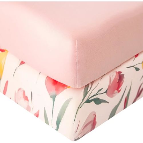 SDIII 2 Pack Pink Floral Crib Sheets for Baby Girl 52×28 Stretchy Microfiber Jersey Knit Pink Crib Sheets for Standard Crib and Toddler Mattress