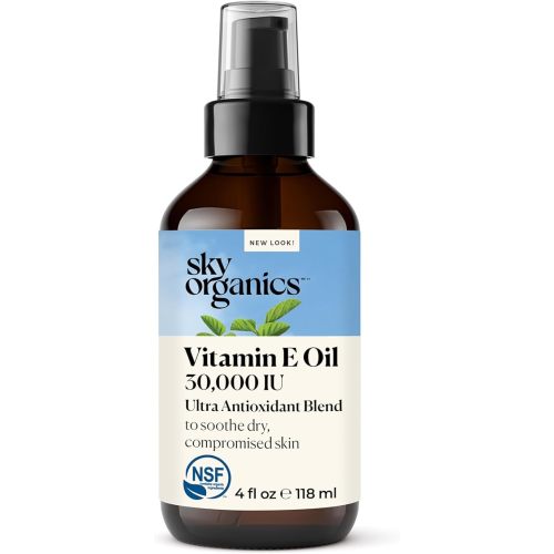 Sky Organics Vitamin E Oil Blend for Face, Organic Antioxidant Facial Oil, 30,000 IUs to Deliver Reparative Moisture and Soothe Dry, Damaged Skin, 100% Pure & Cold-Pressed, 3.97 fl oz, 117 ml
