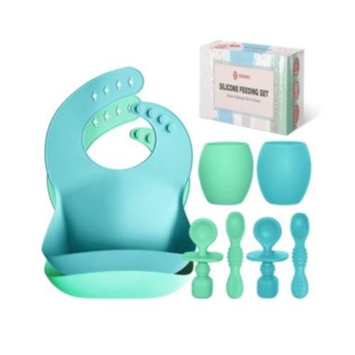 Toddler Silicone Feeding Set Led Weaning Utensils, Silicone Bibs Feeding Cups Smooth Waterproof Material For Practical Eating, Set of 8