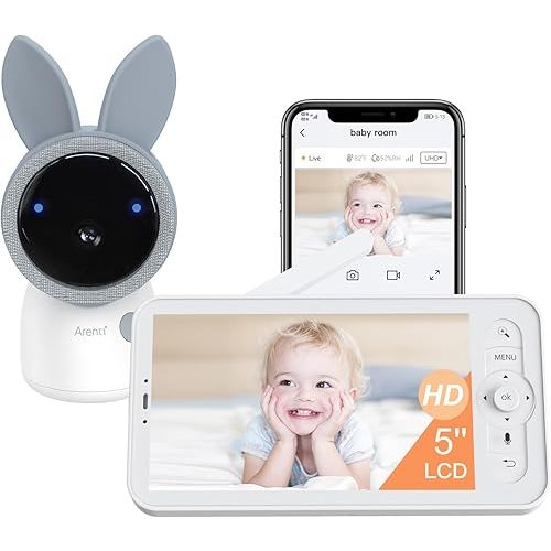 Arenti Baby Monitor, 2.5K/4MP 5GHz WiFi Smart Baby Camera with 5-Inch Upgraded Wireless Display, Super Night Vision, Two Way Audio, Cry & Motion Detection, WiFi 6，Lullabies, Temp & Humidity Sensor