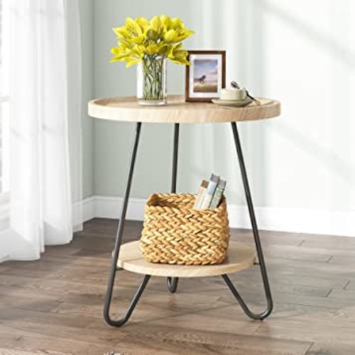 Tribesigns Round Side Table, 2-Tier End Table with Metal Legs, Modern Industrial Beside Table, Small Accent Table Snack Table for Living Room, Bedroom, Small Space, Easy Assembly, Wood Color
