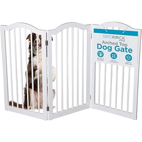 INTERNET'S BEST Arched Top Dog Gate | 3 Panel, 36" H Wooden Pet Barrier for Dogs or Cats | Freestanding Folding Room Divider for Doorways, Hallways, Stairs, and Porch | Portable, Extra Wide | White