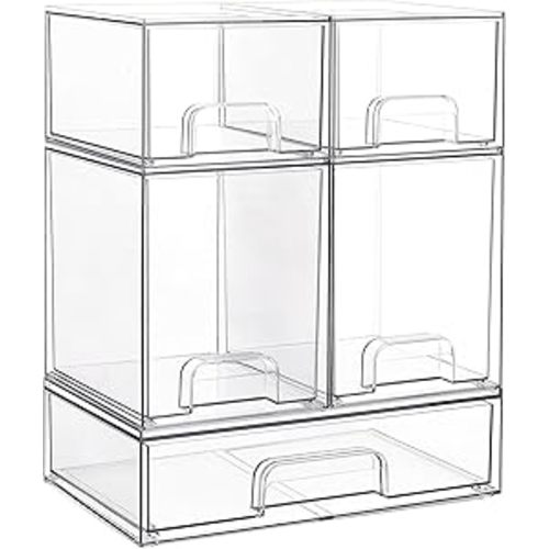 Vtopmart Stackable Storage Drawers Set of 5, Clear Plastic Organizer Bins for Beauty Supplies,Ideal for Vanity, Bathroom,Cabinet,Pantry Organization