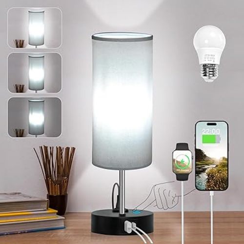 Touch Control Table Lamp for Bedroom, Bedside Lamp with USB Charging Port & AC Outlet, 3 Brightness Levels Adjustable, Nightstand Light Suitable for Home, Office, Dormitory, Reading, LED Bulb Included