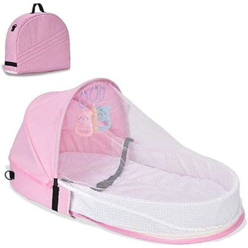 Baby Travel Bassinet，Portable Infant Bassinet for Newborn, Mommy Bag Diaper Bag with Mosquito Net and Toy Baby Lounger (Pink)