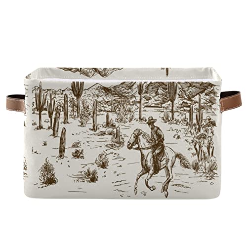 Kigai Western Cowboy Storage Basket Collapsible Rectangle Storage Bin Shelves Basket Organizer with Leather Handle for Closet, Office, Nursery, Home Decor