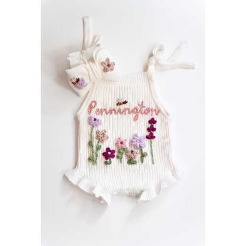 Custom Baby Ruffle Romper: Hand Embroidered Personalized Newborn Tie Onesie