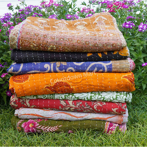 Indian Vintage Cotton Kantha Quilts Handmade Sari Kantha Throw Blankets Sun Dance Beautiful Bohemian Bedding Blankets