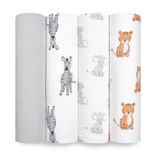 aden + anais Essentials Muslin Swaddle Blankets for Baby Girls and Boys, Newborn Receiving Blanket for Swaddling, 100% Cotton Baby Swaddle Wrap, 4 Pack, Safari Babes