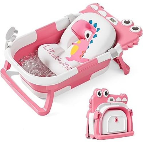 TPN Collapsible Baby Bathtub, Baby Bath Tub with Soft Cushion & Real-Time Thermometer, Baby Bathtub Infant to Toddler Tub (0-36 Months), Portable Travel Baby Tubs for Newborns (Pink)