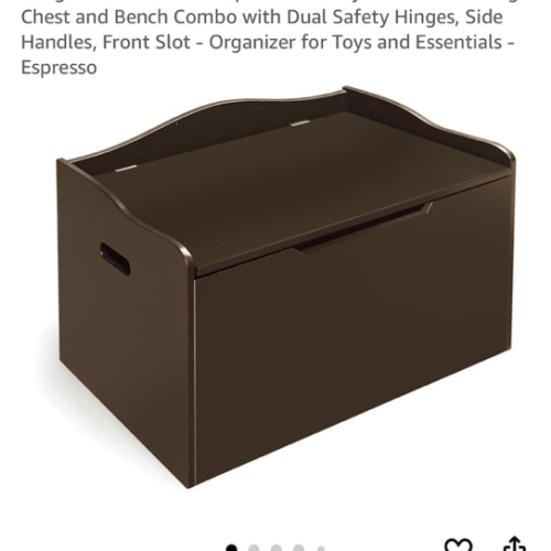Badger Basket Bench-Top Wooden Toy Box - Kids Storage Chest and Bench Combo with Dual Safety Hinges, Side Handles, Front Slot - Organizer for Toys and Essentials - Espresso