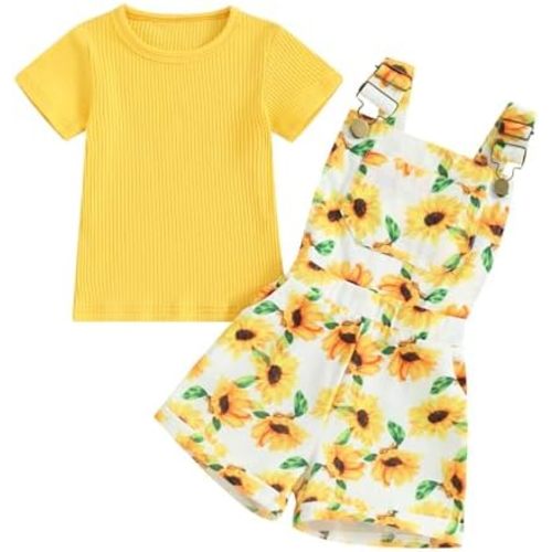 Toddler Baby Girls Summer Outfit Short Sleeve Ribbed Tops + Flower Suspender Overalls Shorts Set Kids Cute Clothes