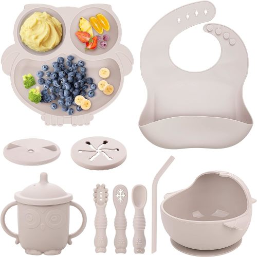 Soft Silicone Baby Feeding Set, Baby Weaning Set, Children's Tableware Set with Adjustable Bib, Suction Cup Owl Divider, Suction Cup Bowl, 3 Forks and Spoons, Snack Cup Set (Khaki)