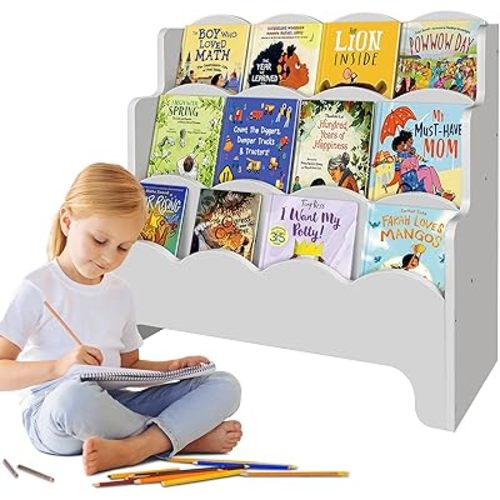 Royxen Montessori Bookshelf Scalloped Edges, Bookshelf for Kids 3-Tier, Kids Book Shelf for Kids Room, 29" W x 28" H, Gray Color