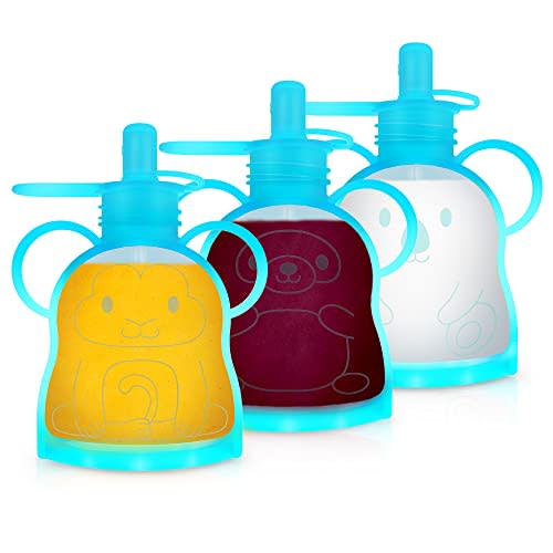 Morlike Refillable Silicone Baby Food Pouches, Reusable Squeeze Storage containers Bags with Straws for Toddlers Kids, BPA Free & Freezable, 4.5oz (Blue- 3 Pack)