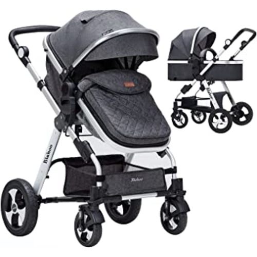 Blahoo Baby Stroller for Newborn, 2 in1 High Landscape Stroller, Foldable Aluminum Alloy Pushchair with Adjustable Backrest.Adjustable Awning, Variable Seat and Recliner(Black)