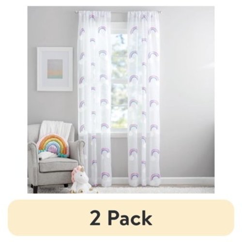 (2 pack) Your Zone Embroidered Rainbow Rod Pocket Sheer Curtain Panel, White/Multi, 38"W x 84"L