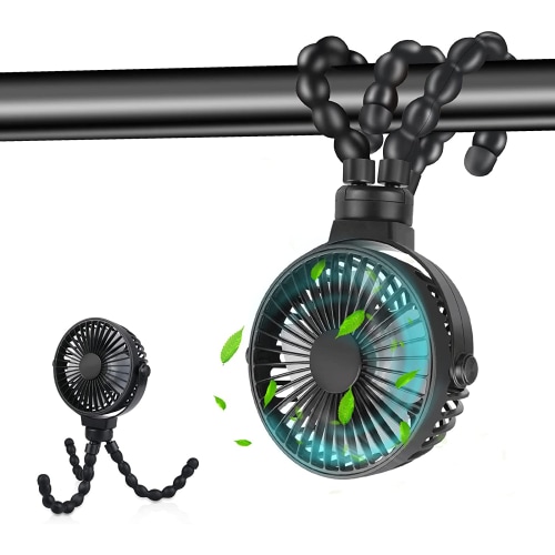 Portable Stroller Fan, 360°Rotate Rechargeable Small Clip on Fan with Flexible Tripod for Stroller Treadmill Crib Car Seat Travel, Black