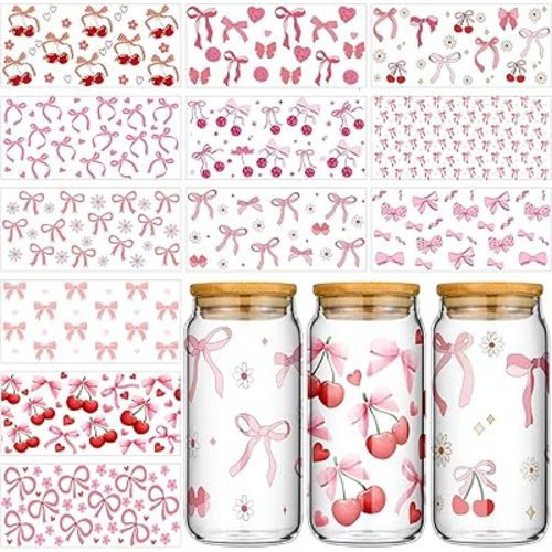 Glenmal 12 Sheets Coquette UV DTF Cup Wrap Stickers Pink Bow UV DTF Cup Wraps Transfer Stickers for DIY Craft Decorations for 16 oz Glass Water Bottle(Classic)