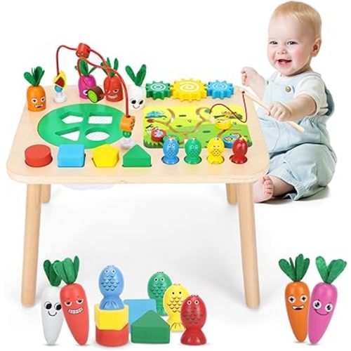 Activity Table for 1+ Year Old Girls Boys, 7-in-1 Wooden Montessori Toys, Activity Center, Baby Toddler Sensory Toys Kids First Birthday Gift