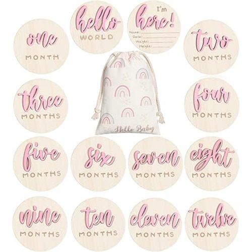 3D Baby Monthly Milestone Cards Sign 7 Pack Double Sided Wooden Circles Discs Baby Announcement Sign Hello World Newborn Sign for Baby Shower Newborn Photo Props(Pink)