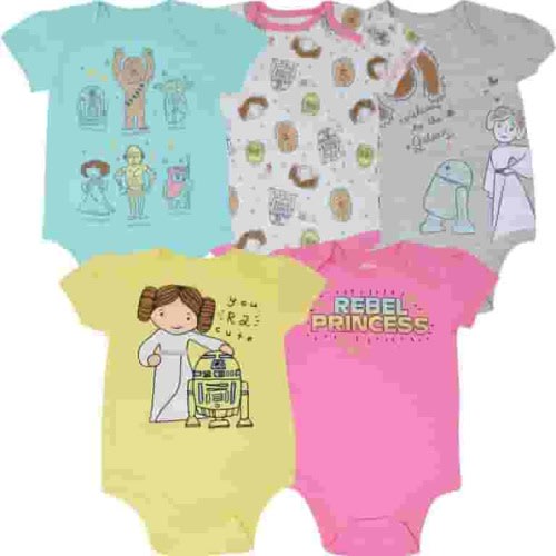 Star Wars R2-D2 Chewbacca Princess Leia Newborn Baby Girls 5 Pack Bodysuits Newborn to Infant