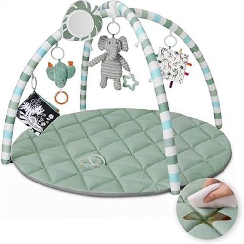 Blissful Diary Waterproof Baby Play Gym Mat, Wipe-Clean Vegan Leather Tummy Time Mat with 6 Detachable Toys, Baby Activity Mat, Sage Green