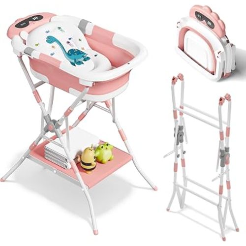 2-in-1 Baby Bath with Stand, Foldable Dinosaur Bathtub for Infant to Toddler, Portable Travel Tub with Soft Cushion for 0-18 Months, Pink