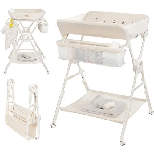 TELIZ Portable Changing Table, One-Touch Folding Baby Diaper Changing Station with Wheels and Adjustable Height for Infant (Cream)