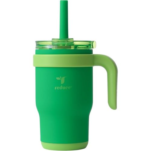 REDUCE 14 Oz Coldee Kids Tumbler with Lid and Straw - Coldee Insulated Travel Mug - Spill-Proof, Sweatproof Stainless Steel, BPA-Free - Includes Handle, Reusable Silicone Straw - Clover Green