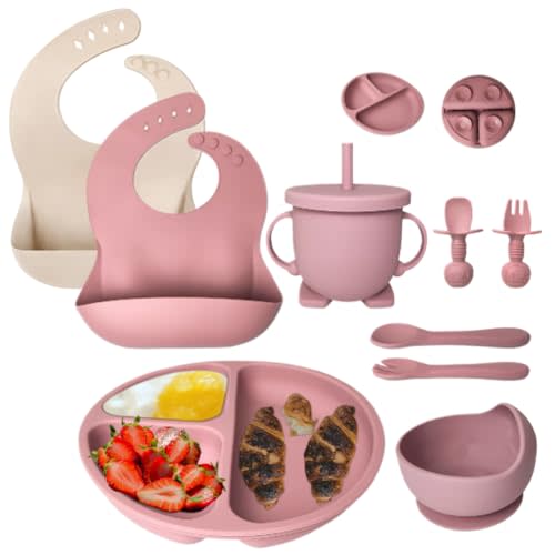Mutualproducts 10 Pcs Baby Utensils – Silicone Baby Spoons and Forks for Self Feeding – Suction Plate - Anti-Choke Baby Feeding Supplies – Baby Led Weaning Set with 2 Bibs – Great Gift Set (Pink)