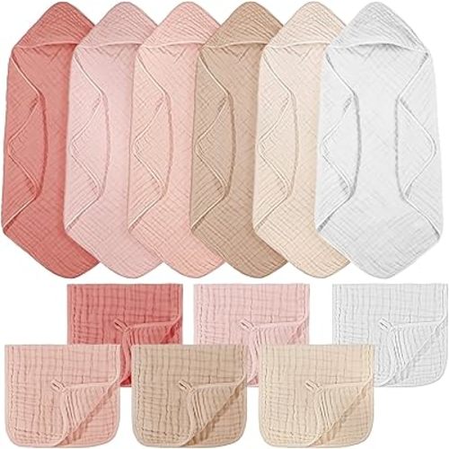 12 Pcs Baby Muslin Hooded Bath Towels and Washcloths, 32 x 32 Inch Muslin Cotton Hooded Baby Towels Absorbent Hooded Blankets for Gift Newborn Infant Shower (Pink Beige Series)