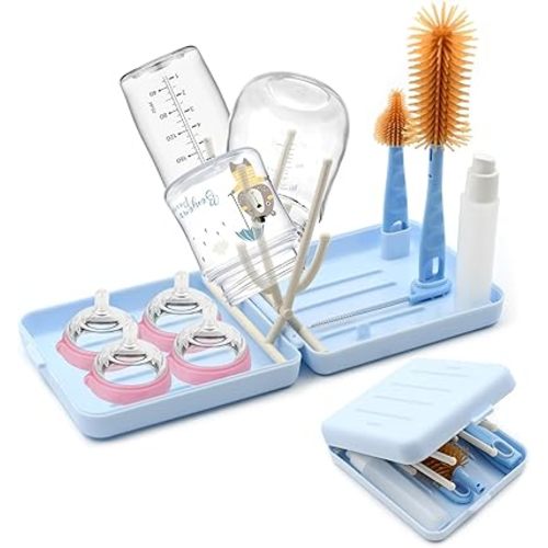 Portable Baby Bottle Brush Kit Premium Silicone Bottle Cleaner Brush, Nipple Brush, Straw Brush, Soap Dispenser, Bottle Drying Rack, and a Storage Organizer Case for Both Home and Travel Uses (Blue)