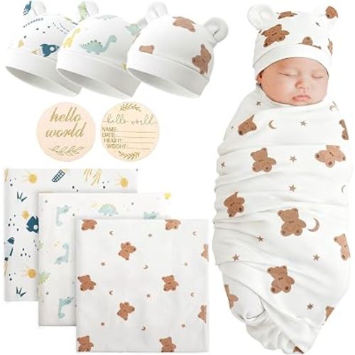 DRESHOW BQUBO Cotton Baby Swaddle Hat Set Newborn Infant Receiving Blankets with Bear Ears Hat Wooden Birth Announcement Card Newborn Unisex Swaddle Wrap Sets Warm Shower Gift