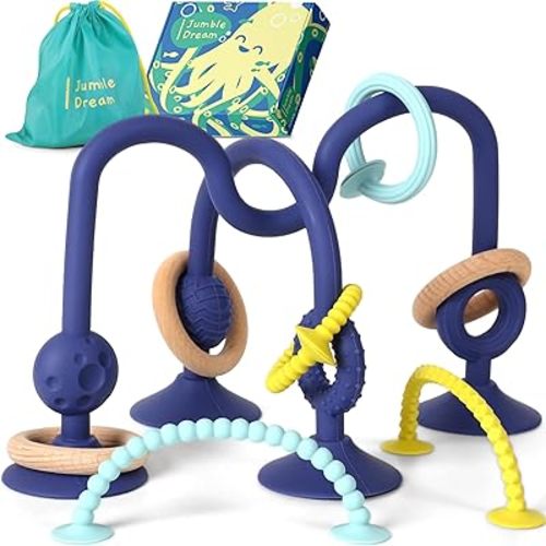 Jumble Jangle Baby Teething Toys – BPA-Free, Multi Purpose High Chair Toys for Babies: Suction Teething Relief with Sensory Toy Textures for Infants and Toddlers 0–24+ Months (Dark)