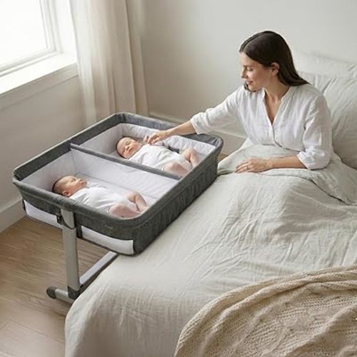 Simmons Kids By The Bed City Sleeper Bassinet for Twins - Adjustable Height Portable Crib with Wheels & Airflow Mesh, Grey Tweed