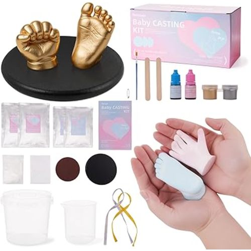 Baby Casting Kit Footprint and Hand Mold Pink & Blue with Wood Base, Personalized Newborn Shower Gifts for Baby Boy and Girl 0-9 Months