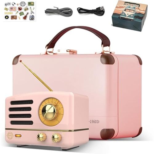 Muzen Portable Bluetooth Speaker, OTR Metal Retro Small Wireless Speaker, FM Radio with Antenna AUX, 10h+ Long Playtime, High Fidelity Stereo Audio with Suitcase, Room Office Decor, Festival Gift