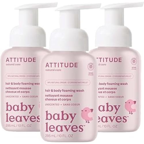 ATTITUDE 2-in-1 Hair and Body Foaming Baby Wash, EWG Verified Shampoo Soap, Dermatologically Tested, Made with Naturally Derived Ingredients, Vegan, Unscented, 10 Fl Oz (Pack of 3)