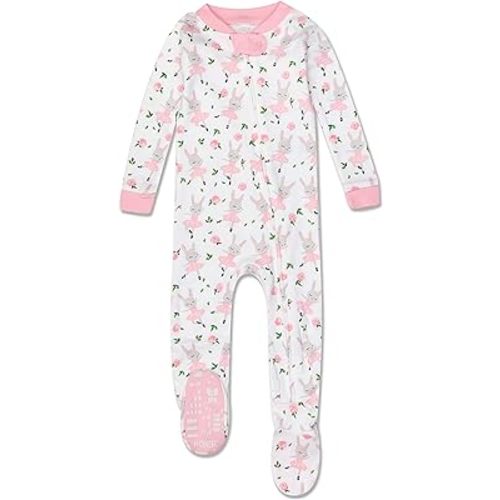 HonestBaby Baby Girls' 100% Organic Cotton Non-Slip Footed One-Piece Zip-Front Pajamas