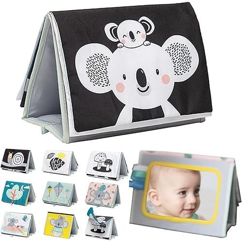 Tummy Time Toys High Contrast Baby Book. Fun, Interactive Crinkle Books for Babies with Baby Tummy Time Mirror & Soft Koala Teether - Baby Tummy Time Book by Taf Toys