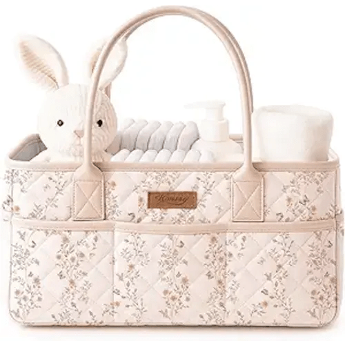 Konssy Floral Quilted Diaper Caddy Organizer, Diaper Caddy Basket with PU Leather Handles, Water-Repellent Nursery Storage Basket, Portable Car Organizer, Registry Search Must Haves (Floral)