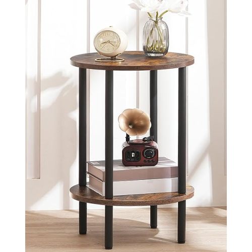 Round Side Table, 2-Tier End Table, Small Round Nightstand with Sturdy Metal Tube, Industrial Circular Coffee Table, for Living Room, Bedroom, Rustic Brown and Black TBZ01BF