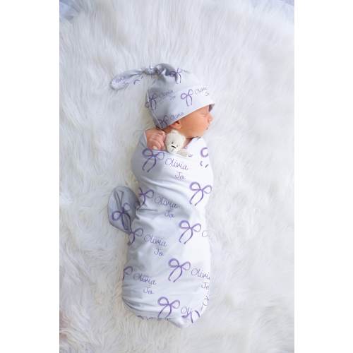 Purple Croquette Bow Swaddle, Custom Swaddle, Personalized Purple Bow Swaddle Blanket, Bow Baby Shower Gift, Bow Nursery Decor