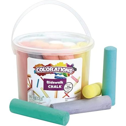 Colorations Washable Sidewalk Chalk in Storage Bucket, 20 Pieces, 8 Assorted Colors, Driveway Chalk for Kids, Oudoor Chalk, Kids Dustless Chalk, Homeschool, Home School Use