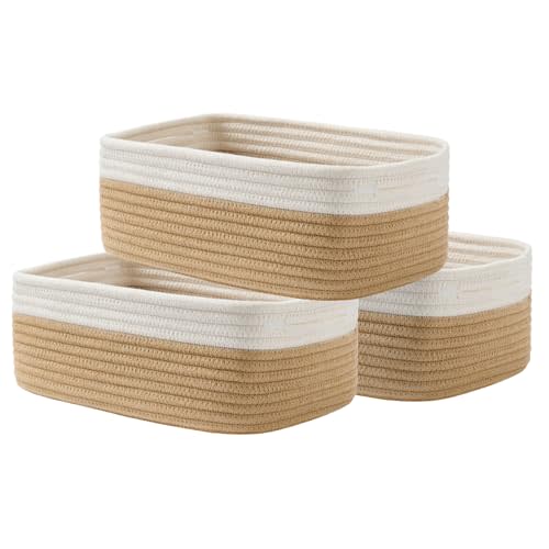 KALLAX Small Woven Basket, 12 x 8 x 4.5 Inches, Storage Basket for Organizing, Cute Small Rope Shelf Closet Cube Storage Bins Baskets for Shelves, Dog Toy Gift Baskets Empty, 3 Pack White & Brown