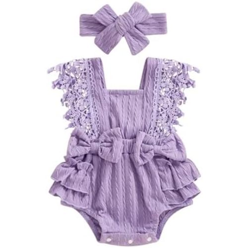 Newborn Baby Girl Lace Romper Ruffle Sleeveless Backless One Piece Jumpsuit Bodysuit with Headband Summer Clothes