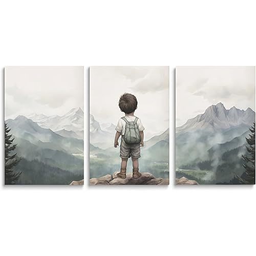 SKYSUKEY Baby Boy Adventure Nursery Decor Set of 3 Nature Toddler Room Outdoors Mountain Woodland Wall Art Framed Canvas 12"x16"