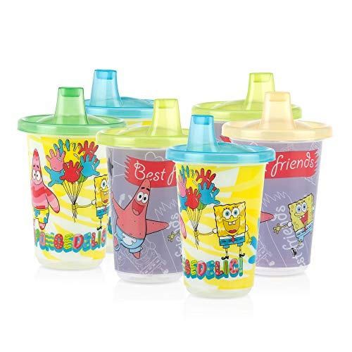 Nuby 6 Pack Wash or Toss Reusable Cups & Lids with Spout, Nickelodeon SpongeBob SquarePants, 10 Oz